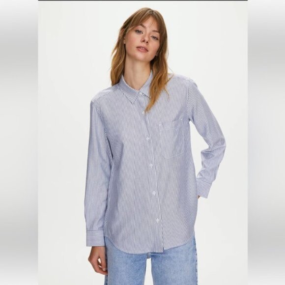 Aritzia Sunday Best Montana Blue Striped Boyfriend Button Down Shirt Size Medium - Picture 2 of 16